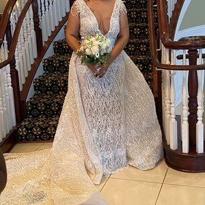 Ivory beaded Wedding dress with detachable train skirt
